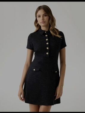 Guess Black Tweed Polo Mini Dress with Gold Buttons